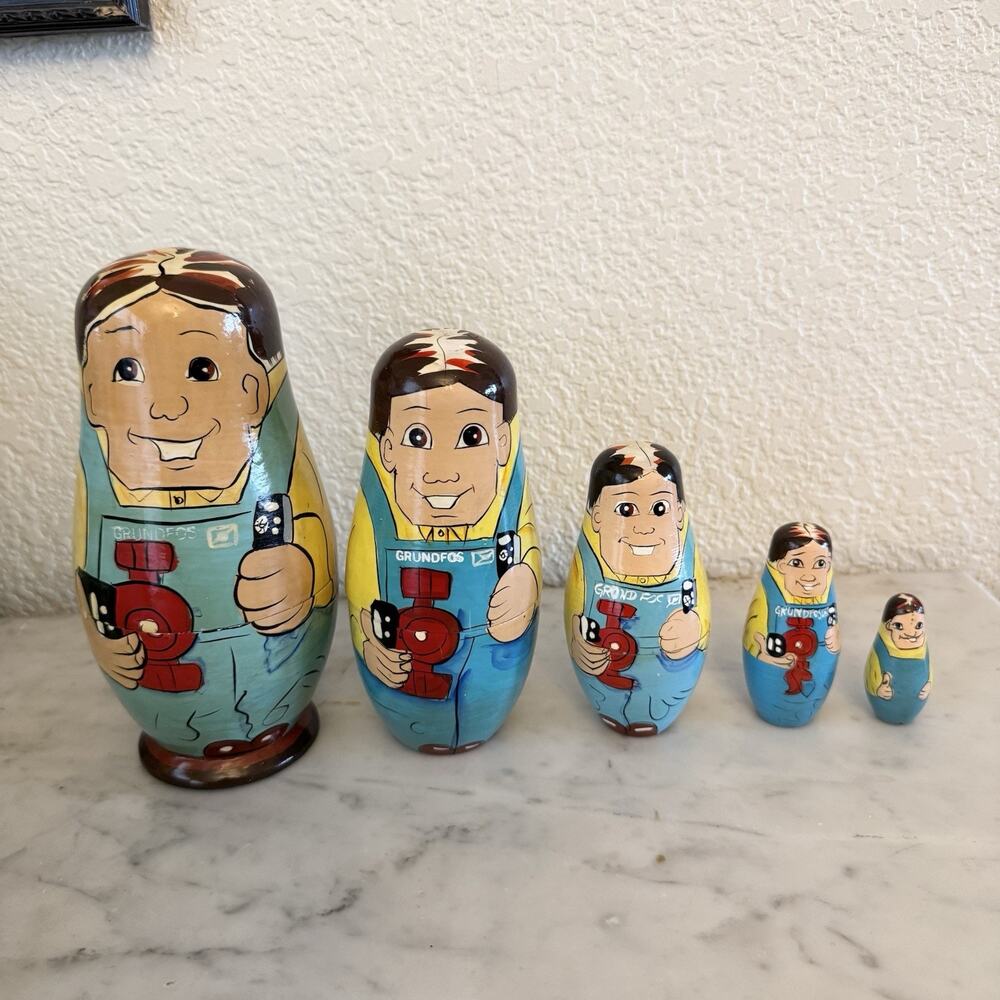 Vintage Russian nesting doll set hand painted Business Men Workers‎ Mechanic